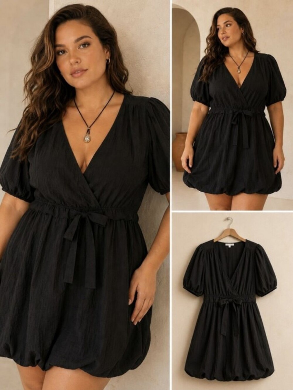 NWT MADE in Italy Vanessa Black V-Neck Puff Sleeve Mini Dress Lyocell 1x